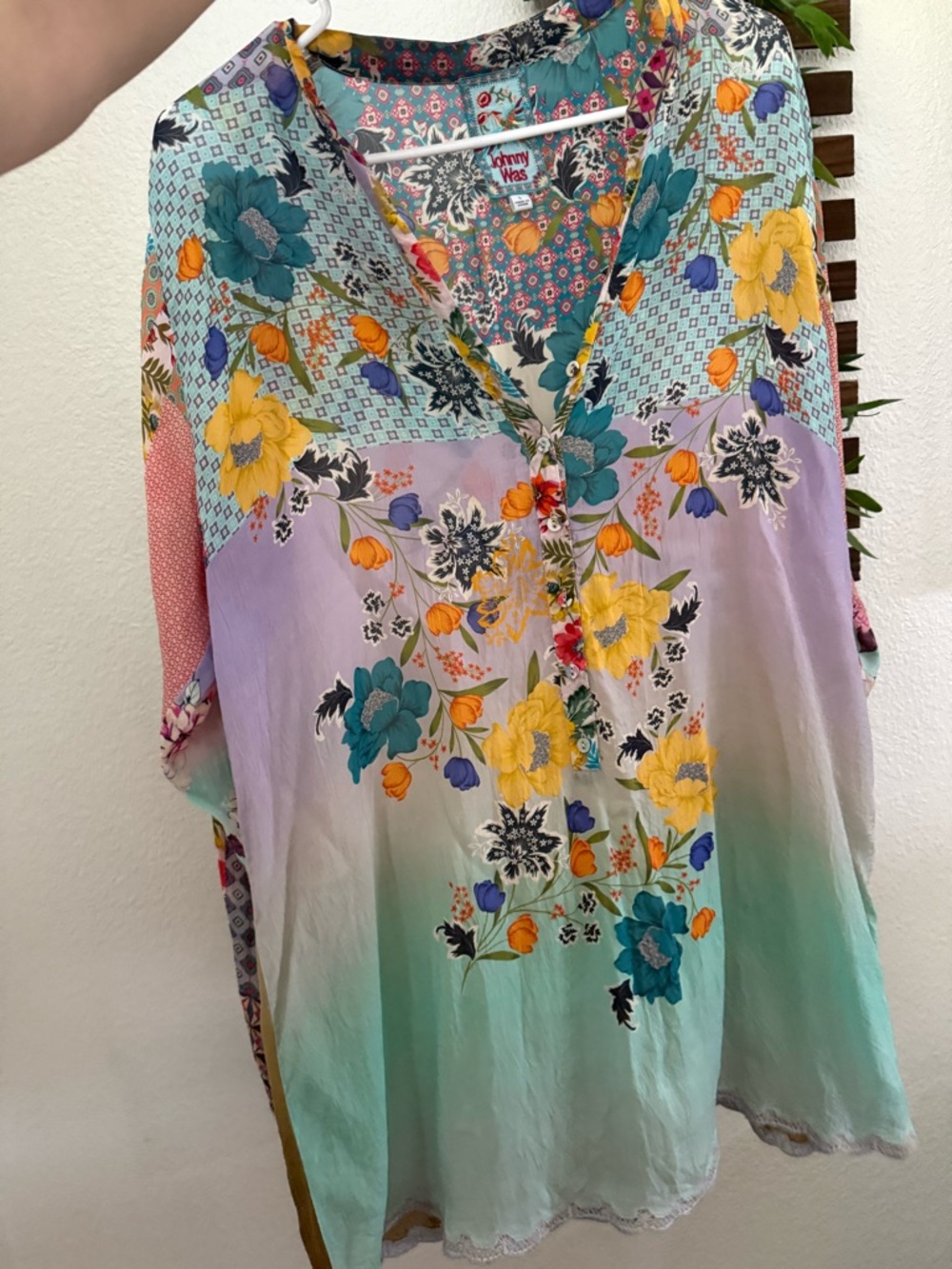 Johnny Was Multicolor Floral Patchwork Tunic - Mint, Lavender & Yellow